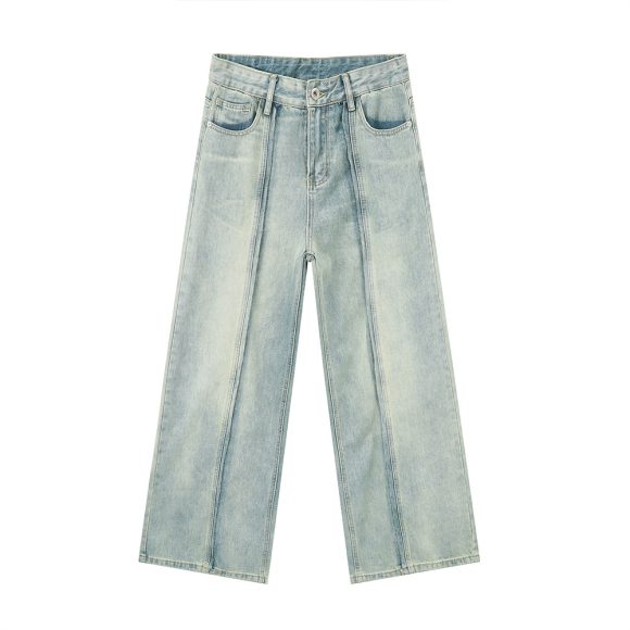 Retro Light Color Stitching Design Straight Wide Leg Jeans - Image 3