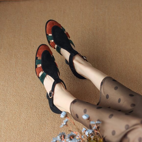 Retro Hollowed Toe Box Roman Sandals Color Matching Round Toe High Heels - Image 4