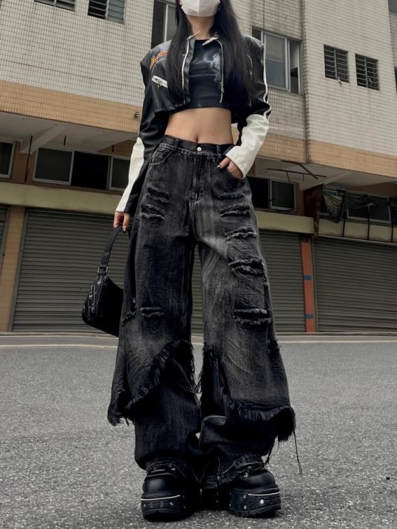 High Street Distressed Cargo Jeans Wide Leg Trousers - Image 2