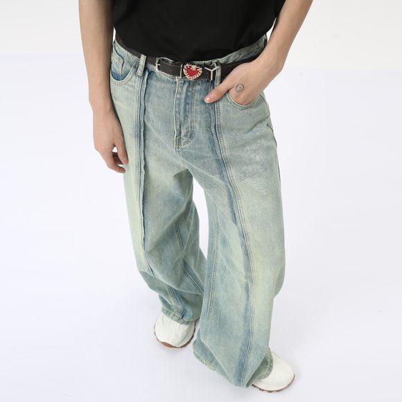Retro Light Color Stitching Design Straight Wide Leg Jeans - Image 5