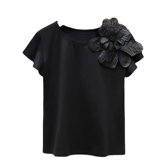 Round Neck Three-dimensional Flower Decoration Fashion Ruffle Sleeve Loose Slim Top - Image 2