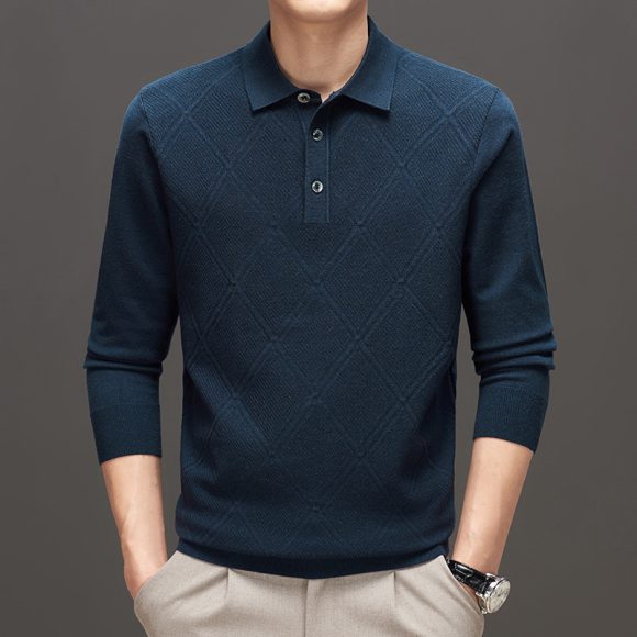 Knitwear Polo Collar Solid Color Long Sleeve Men's Sweater - Image 2