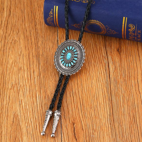American Indian Western Style Turquoise Carved Bolo Tie - Image 5