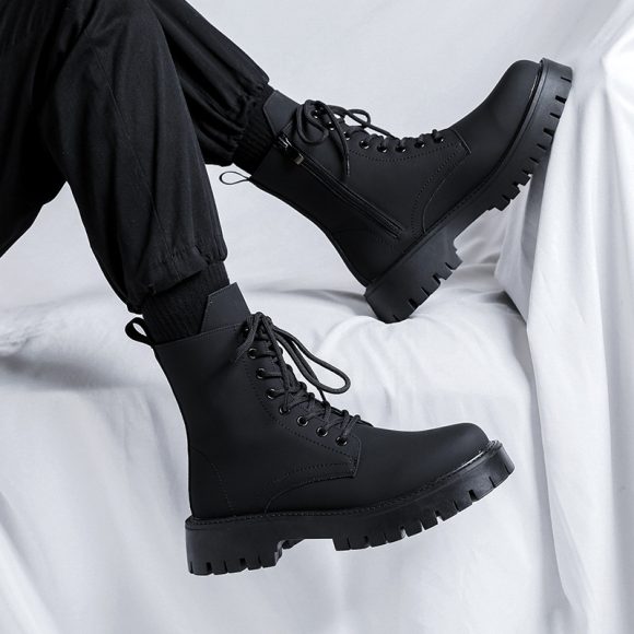 Black High-top Mid-calf Tooling Round Head Thick Bottom Martin Boots - Image 4