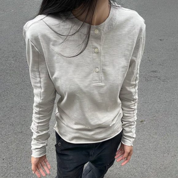 Cotton Henry Collar Embroidered Light Luxury Long-sleeved T-shirt Men And Women Same Style Top - Image 6
