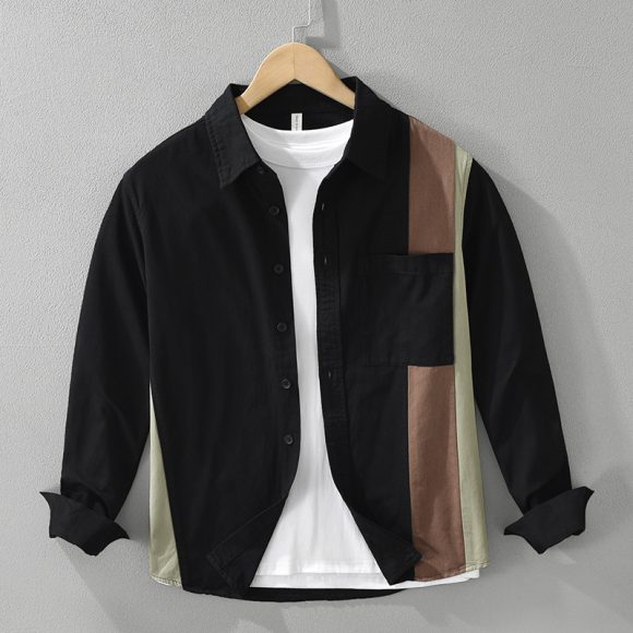 Men's Stitching Long-sleeved Shirt Fashion Cotton Casual All-match Artistic Loose Top - Image 3