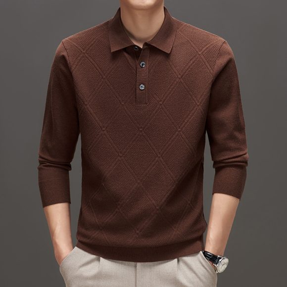 Knitwear Polo Collar Solid Color Long Sleeve Men's Sweater - Image 9