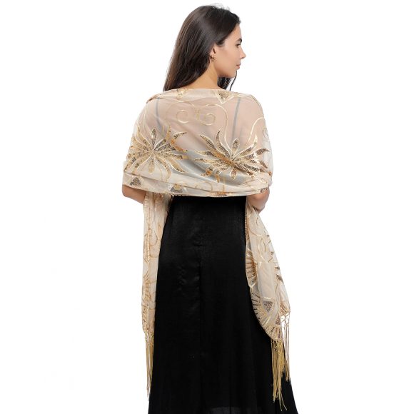 Long Sequined Embroidered Feather Shawl - Image 8