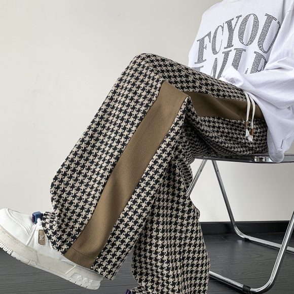 Houndstooth Stitching Chenille Casual Pants - Image 5