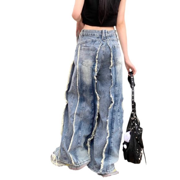Retro High Waist Slimming Raw Edges Design Stitching Jeans - Image 4