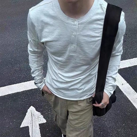 Cotton Henry Collar Embroidered Light Luxury Long-sleeved T-shirt Men And Women Same Style Top - Image 3