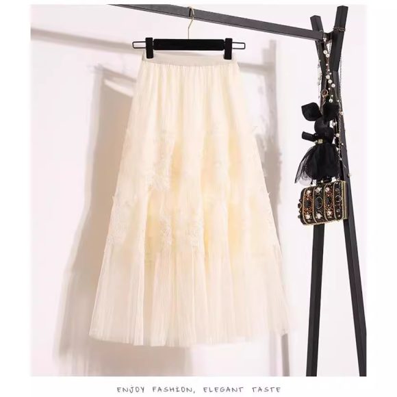 Embroidered Floral Lace Pleated A- Line Cake Dress Midi Skirt - Image 3