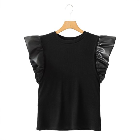 Pullover Women's Mesh Stitching Ruffle Cotton Short Sleeve Solid Color T-shirt - Image 3
