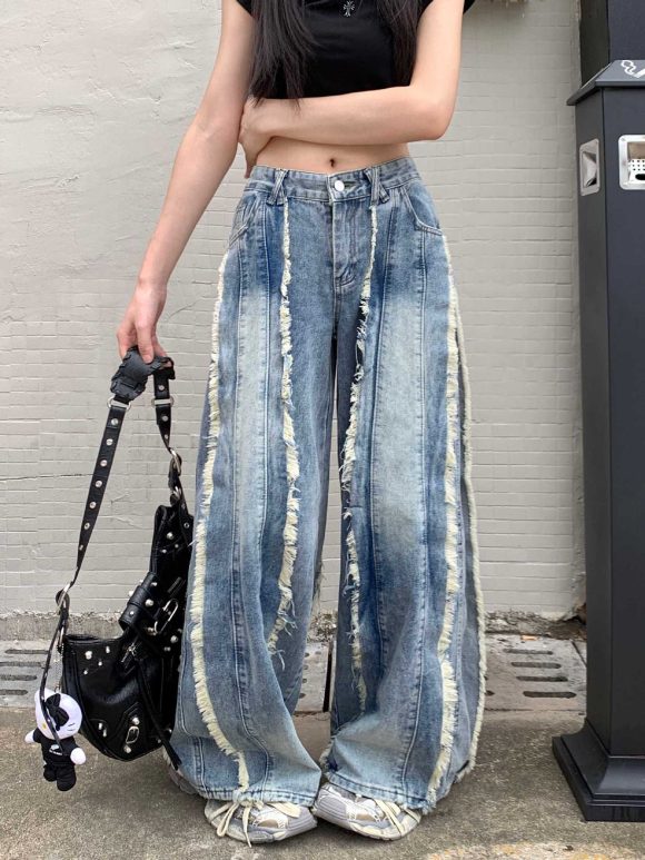 Retro High Waist Slimming Raw Edges Design Stitching Jeans - Image 6