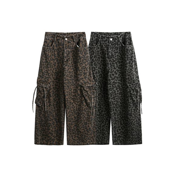 Vintage Leopard Print Wide Leg Pants Washed Old Large Pocket Overalls - Image 4