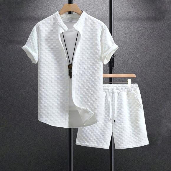 Men's Jacquard Casual Short Sleeve Shirt Outfit - Image 4