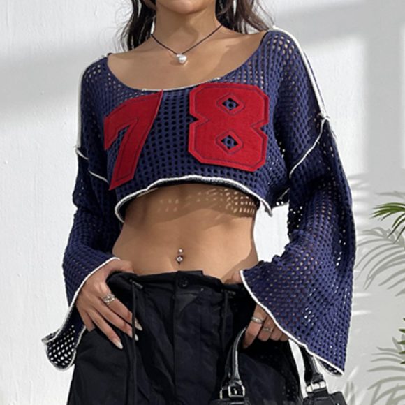 Women's Flared Sleeve Cropped Sexy Short Casual Hollow Sweater - Image 5