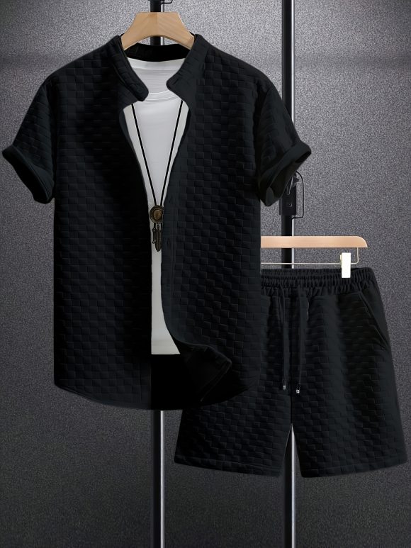 Men's Jacquard Casual Short Sleeve Shirt Outfit - Image 7