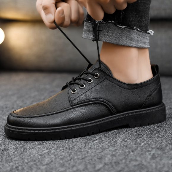 Plus Size Handsome Lace Up Casual Youth British Black Leather Shoes Men - Image 7