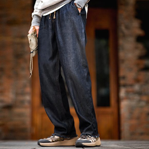 American Casual Jeans Washed Double Pleated Loose Burrs Men's Straight-leg Trousers - Image 5