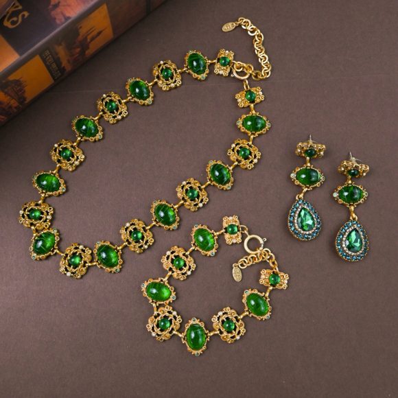 Glass Hollow Jeweled Necklace Bracelet Earring Set