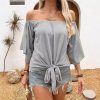 Summer Fall Women's Clothing Solid Color Off-shoulder Casual T-shirt Top - Image 3