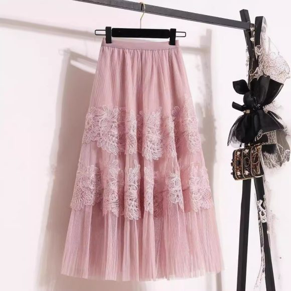 Embroidered Floral Lace Pleated A- Line Cake Dress Midi Skirt - Image 2