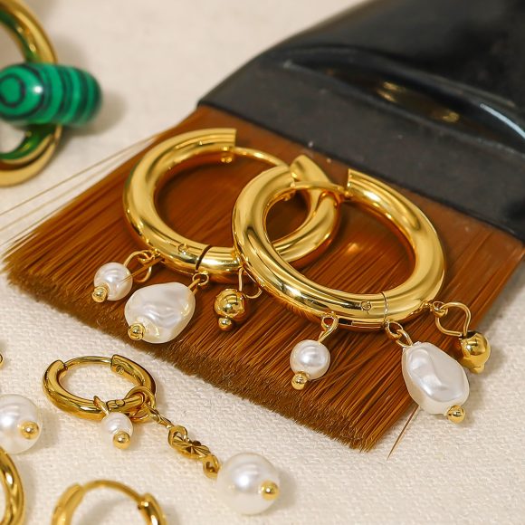 18K Gold Titanium Steel Pearl Earrings - Image 8
