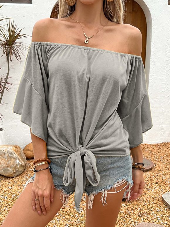 Summer Fall Women's Clothing Solid Color Off-shoulder Casual T-shirt Top - Image 5