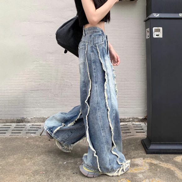 Retro High Waist Slimming Raw Edges Design Stitching Jeans - Image 3