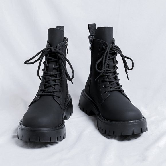 Black High-top Mid-calf Tooling Round Head Thick Bottom Martin Boots - Image 2