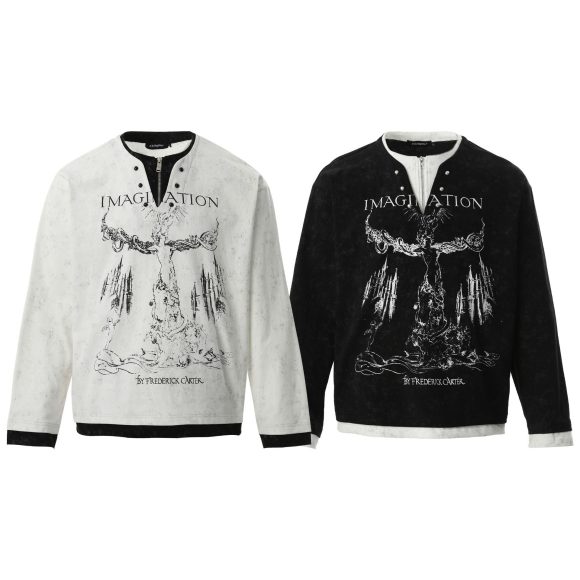 American Retro Punk Printed Pearl Buckle Fake Two-piece Long Sleeve - Image 7