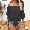 Summer Fall Women's Clothing Solid Color Off-shoulder Casual T-shirt Top - Image 9