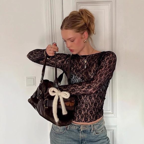 New Sexy Style Lace Short Top For Long-sleeve T-shirt Women