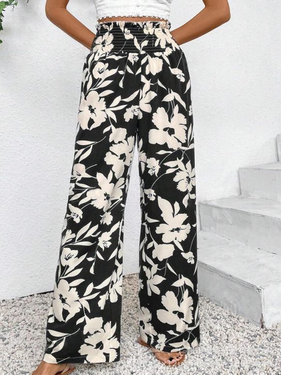 Casual Simple Comfortable High Waist Flower Print Wide Leg - Image 3
