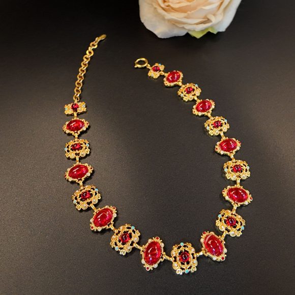 Glass Hollow Jeweled Necklace Bracelet Earring Set - Image 2