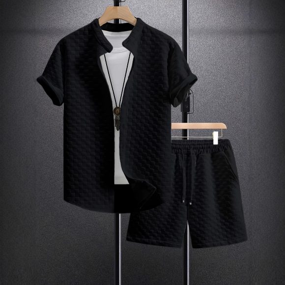 Men's Jacquard Casual Short Sleeve Shirt Outfit - Image 2