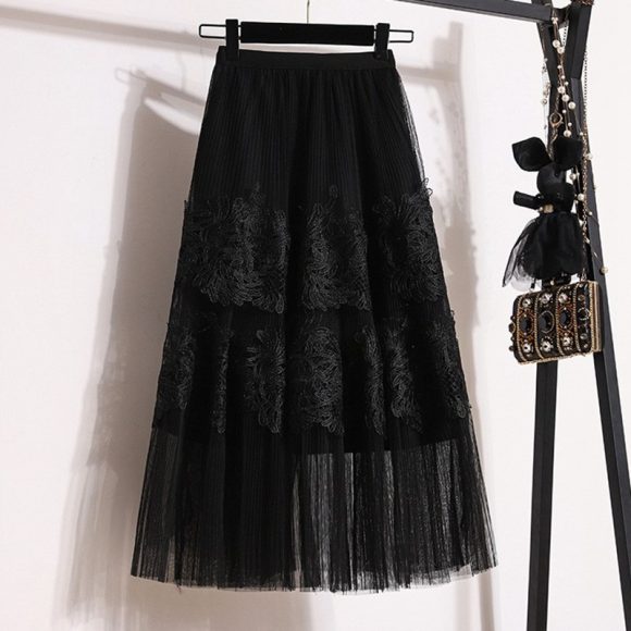 Embroidered Floral Lace Pleated A- Line Cake Dress Midi Skirt - Image 8