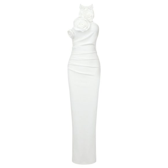 New Style White Ribbon Flower Halter Long High Sense Dress - Image 8