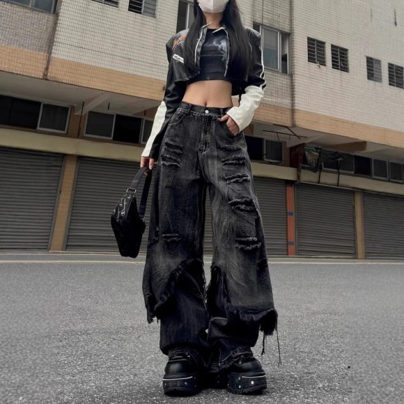High Street Distressed Cargo Jeans Wide Leg Trousers - Image 5