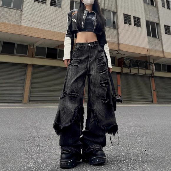 High Street Distressed Cargo Jeans Wide Leg Trousers - Image 4