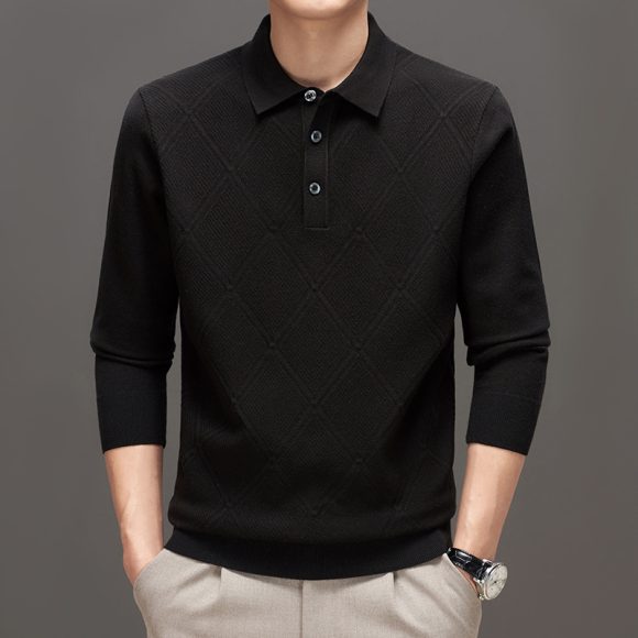 Knitwear Polo Collar Solid Color Long Sleeve Men's Sweater - Image 4