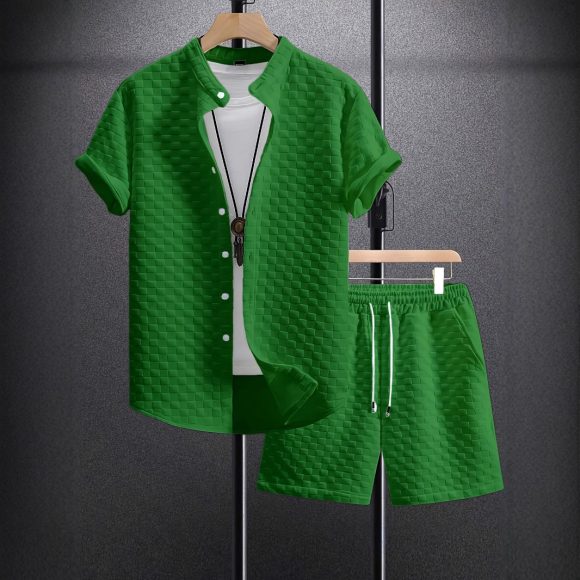 Men's Jacquard Casual Short Sleeve Shirt Outfit - Image 8