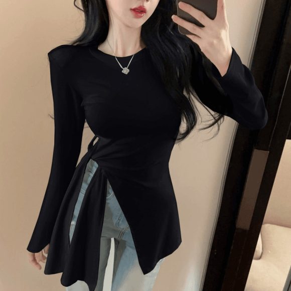 Irregular Slit Waist-tight Strap Long-sleeved T-shirt Women - Image 3