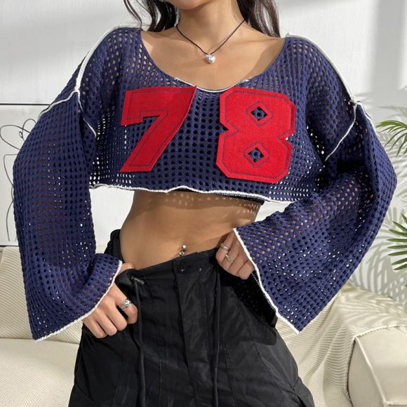 Women's Flared Sleeve Cropped Sexy Short Casual Hollow Sweater - Image 2