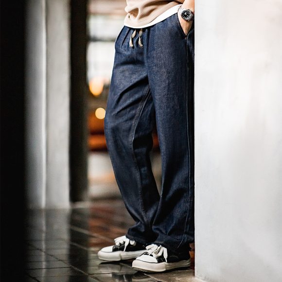 American Casual Jeans Washed Double Pleated Loose Burrs Men's Straight-leg Trousers - Image 2
