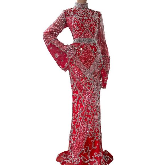 Red High Collar Fishtail Evening Long Dress - Image 3