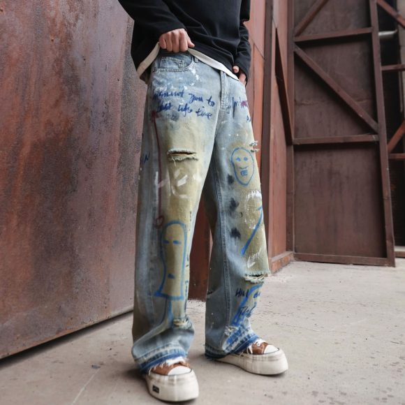 Street Graffiti Ripped Jeans Men And Women Loose Straight Neutral - Image 2