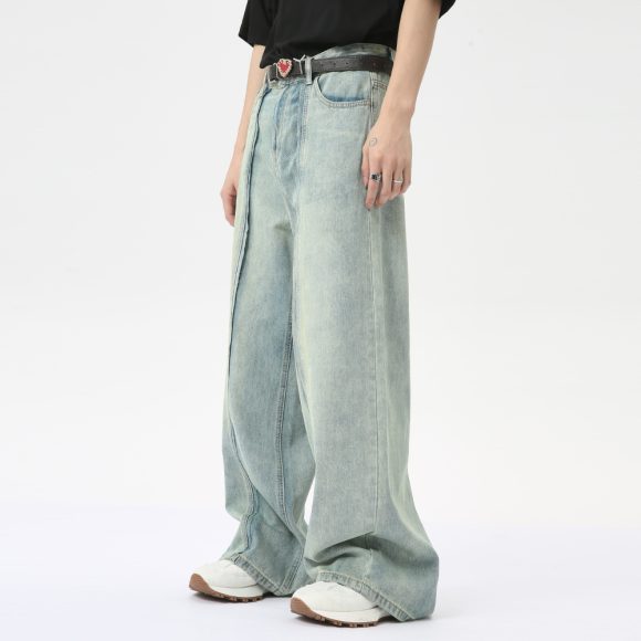 Retro Light Color Stitching Design Straight Wide Leg Jeans - Image 4