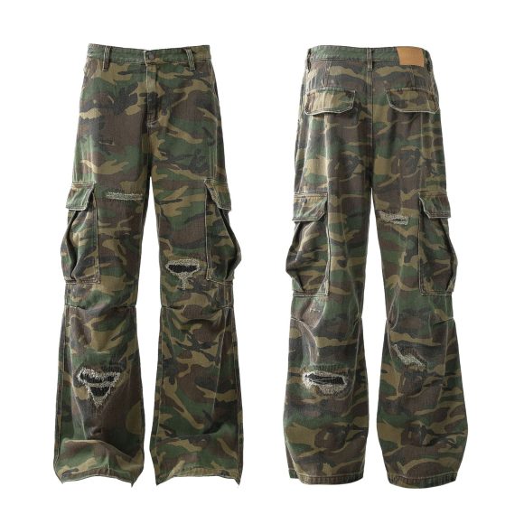 Retro Tattered Jeans Personalized Camouflage Workwear Casual Pants